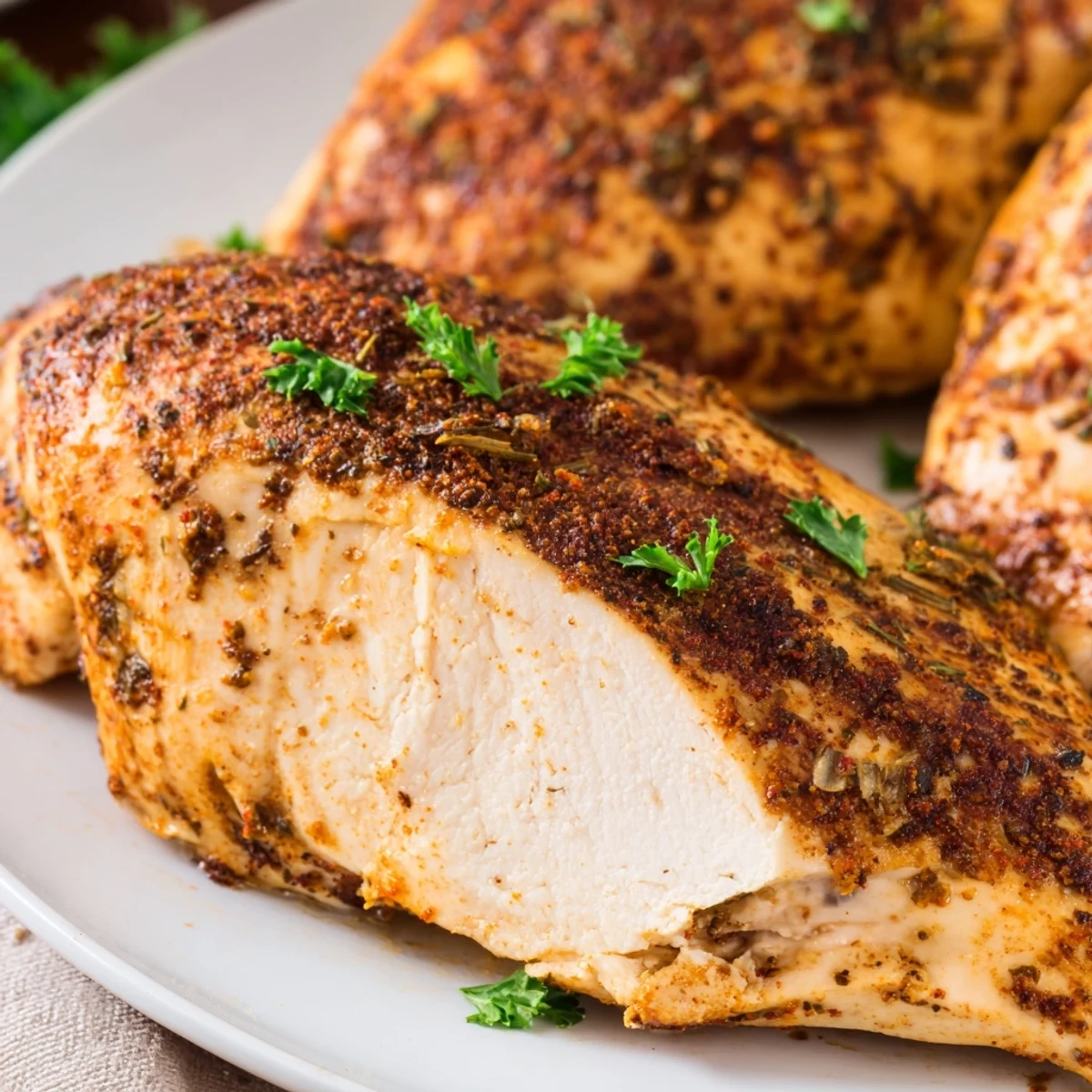 Juicy Oven Baked Chicken Breasts served with lemon wedges and a colorful side salad for a healthy, easy dinner.