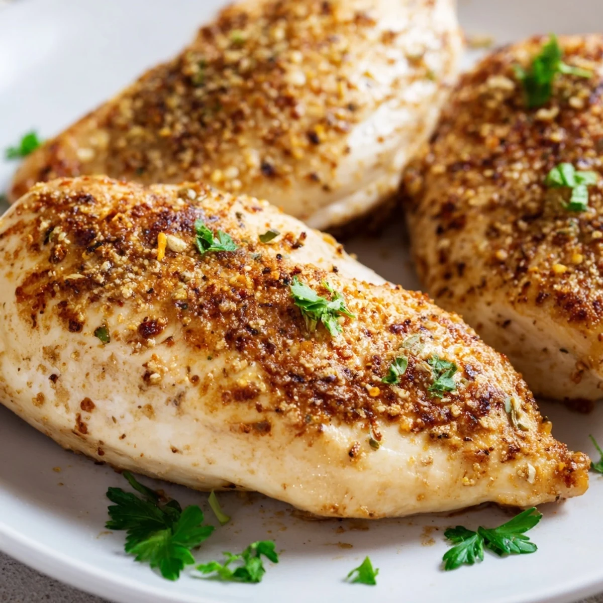 Golden-brown Oven Baked Chicken Breasts with fresh parsley garnish, resting in a white baking dish on a rustic wooden table.