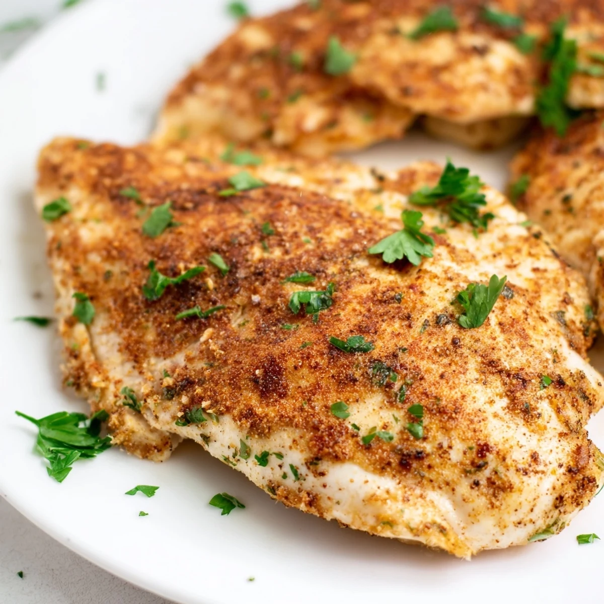 Perfectly seasoned Oven Baked Chicken Breasts sliced on a cutting board, revealing tender meat alongside roasted vegetables.