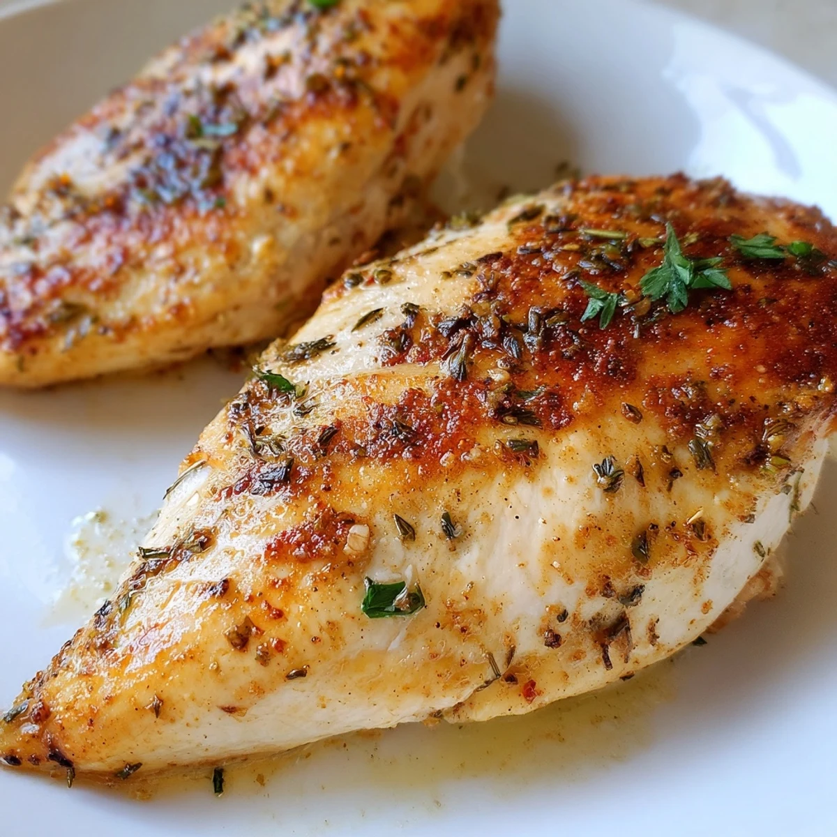 Golden-brown oven baked chicken breasts with herbs and lemon wedges on a rustic plate.  