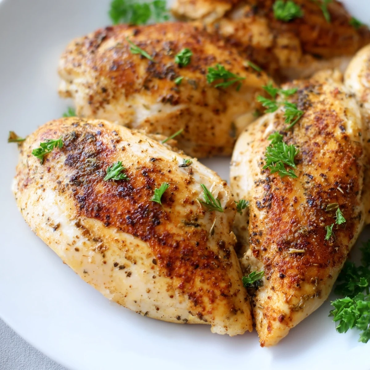 Juicy, perfectly baked chicken breasts garnished with parsley and served alongside roasted vegetables.  