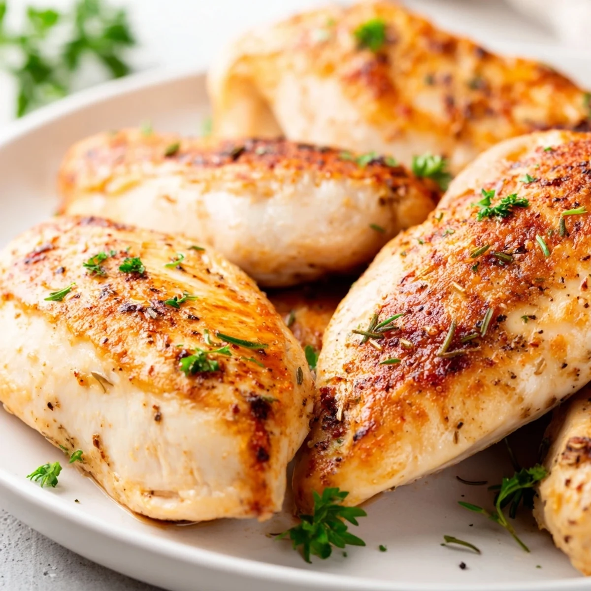 Freshly baked oven chicken breasts on a baking sheet, showing tender and flavorful interior.
