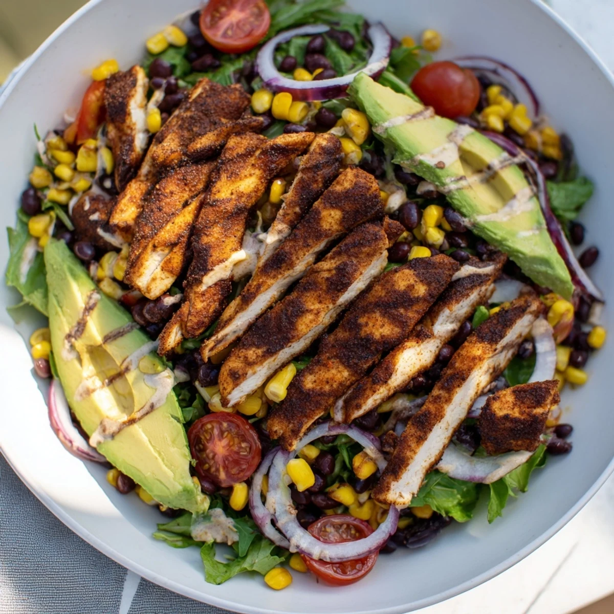 Vibrant Chipotle Lime Chicken Salad with smoky sliced chicken, fresh avocado, and tangy lime dressing on crisp greens.