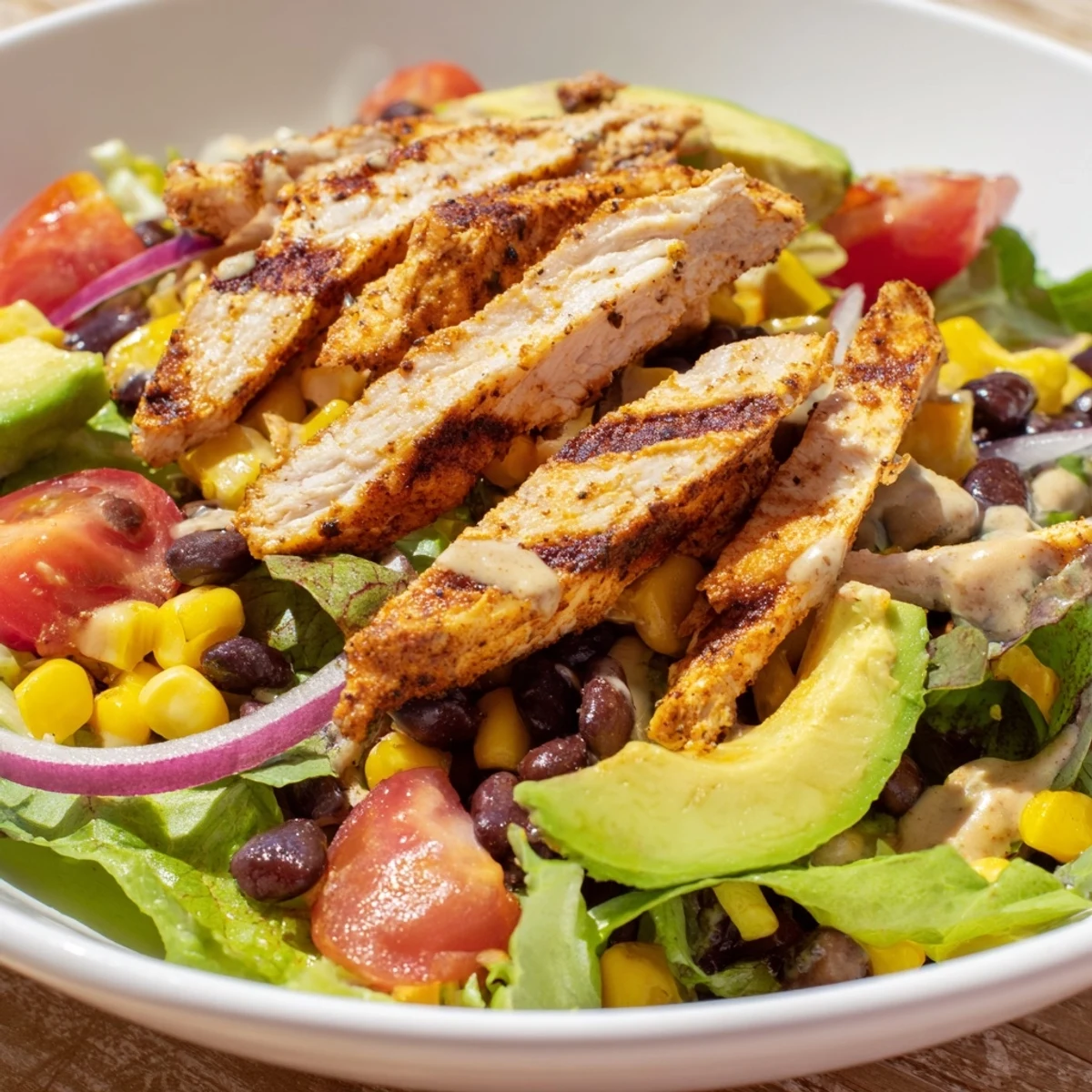 Colorful bowl of Chipotle Lime Chicken Salad featuring corn, black beans, and cherry tomatoes, ready for a refreshing lunch.