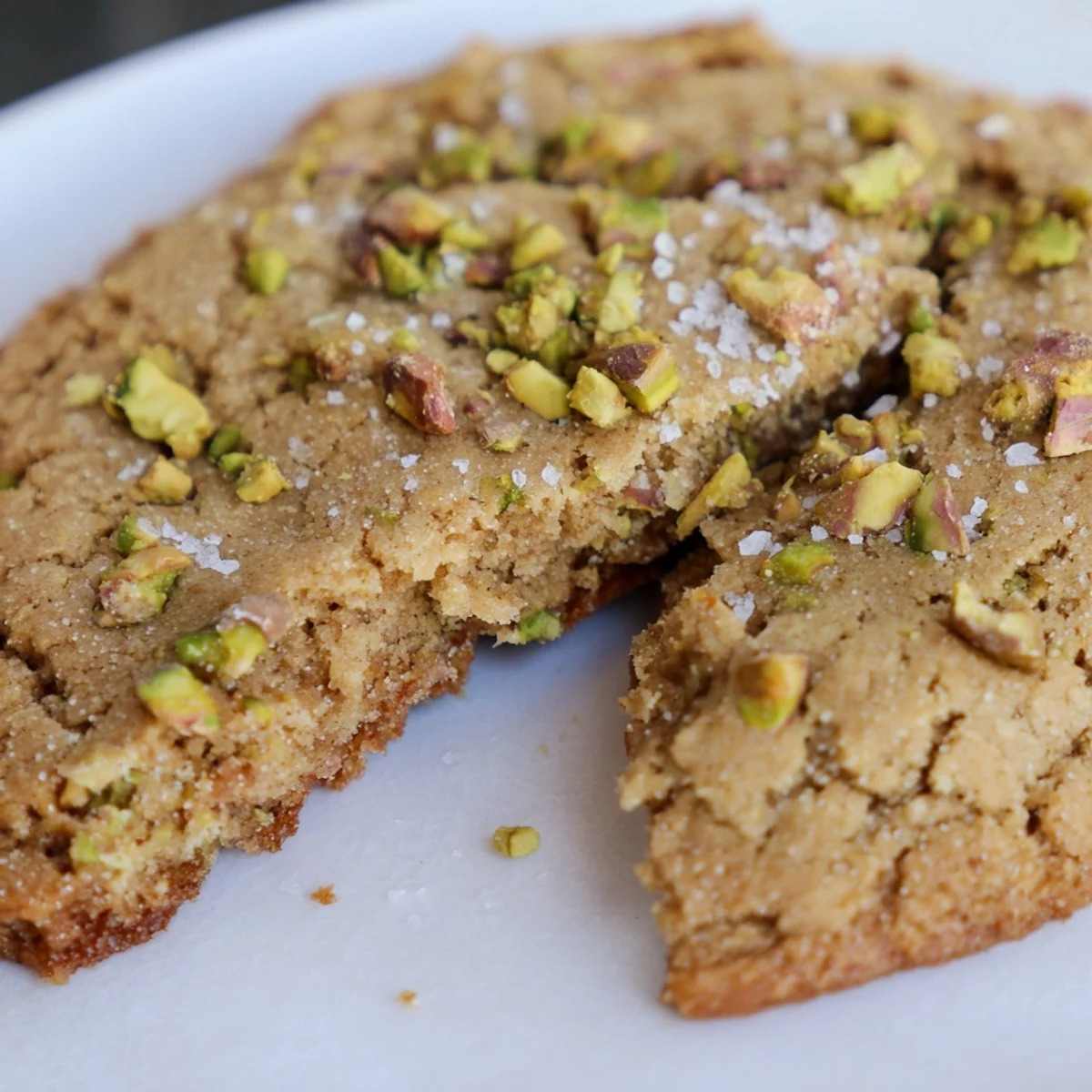 A stack of freshly baked Salted Honey Pistachio Cookies revealing cracked edges, chopped green pistachios, and a sticky honey glaze.