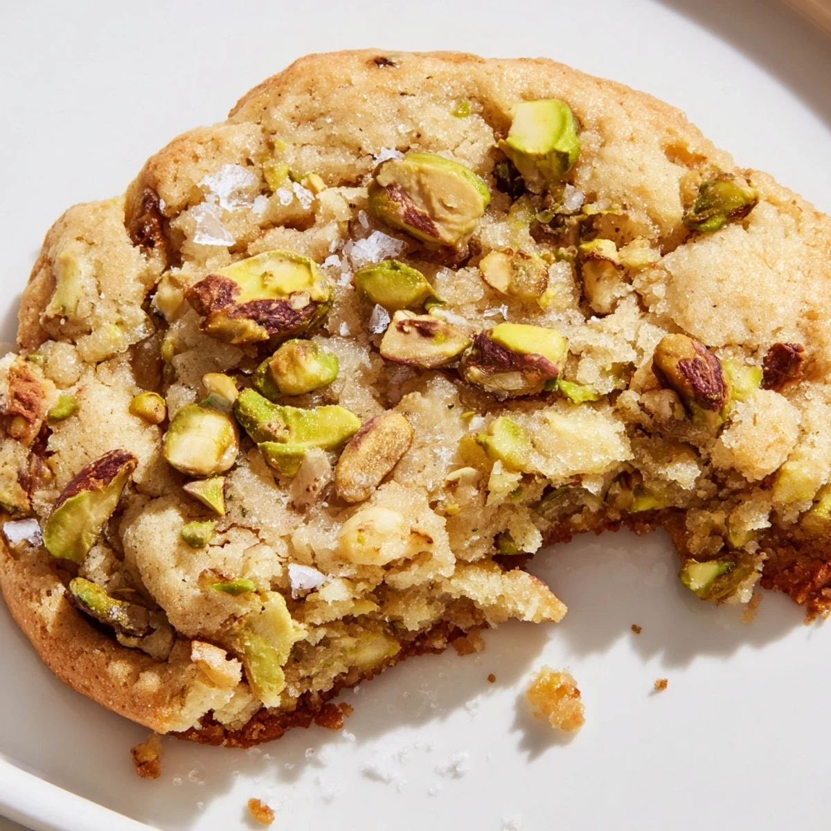 Close-up of Salted Honey Pistachio Cookies with a soft center and crunchy pistachio pieces, served on a rustic wooden board.