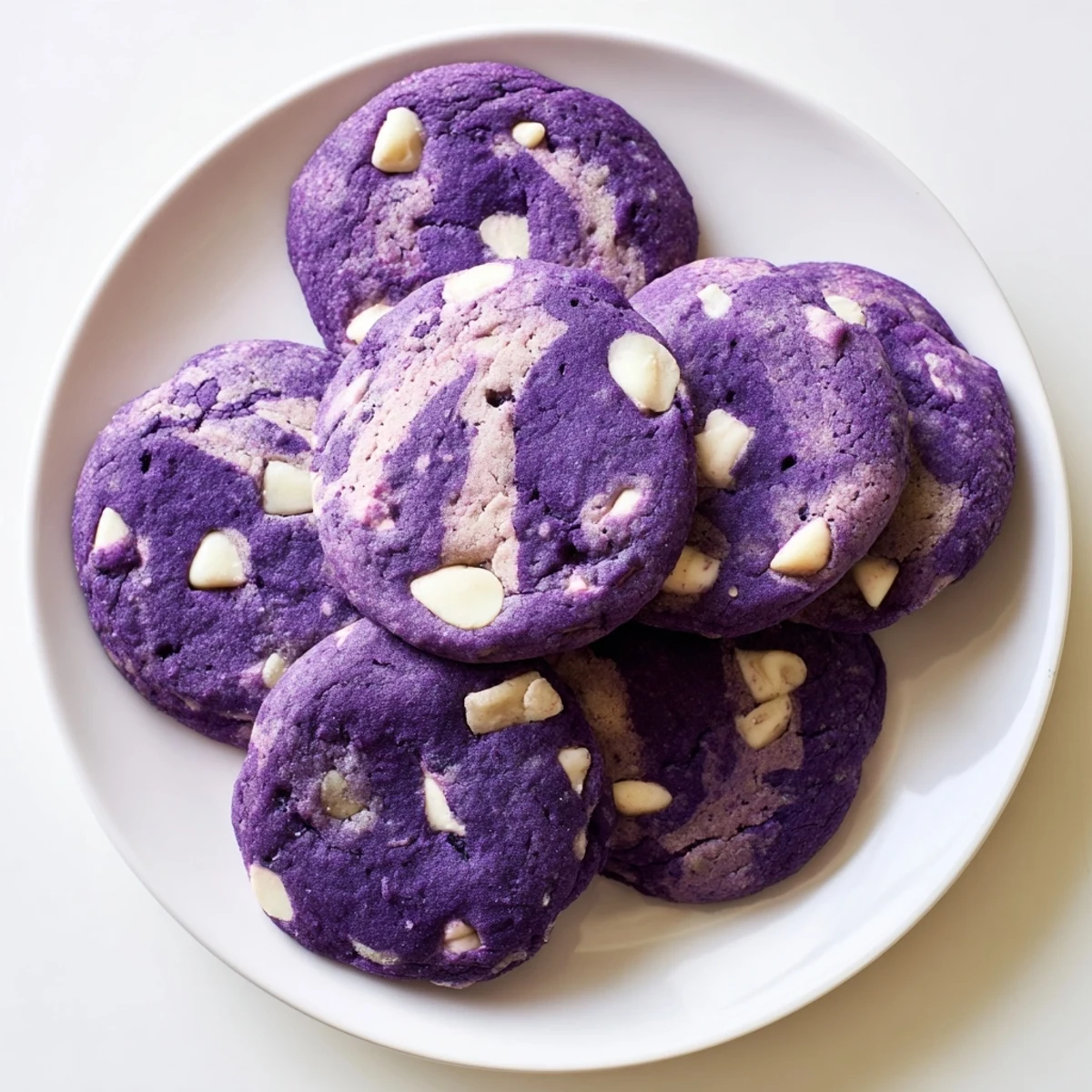 A close-up of chewy White Chocolate Ube Cookies, showing the soft interior and generous white chocolate pieces on a marble slab.
