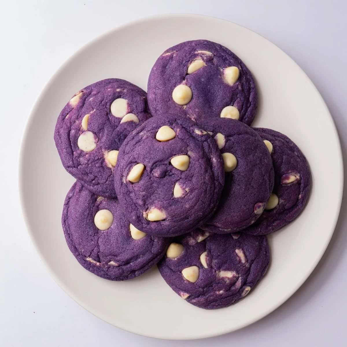 Freshly baked White Chocolate Ube Cookies with vibrant purple hue and creamy white chocolate chips on a rustic wooden board.