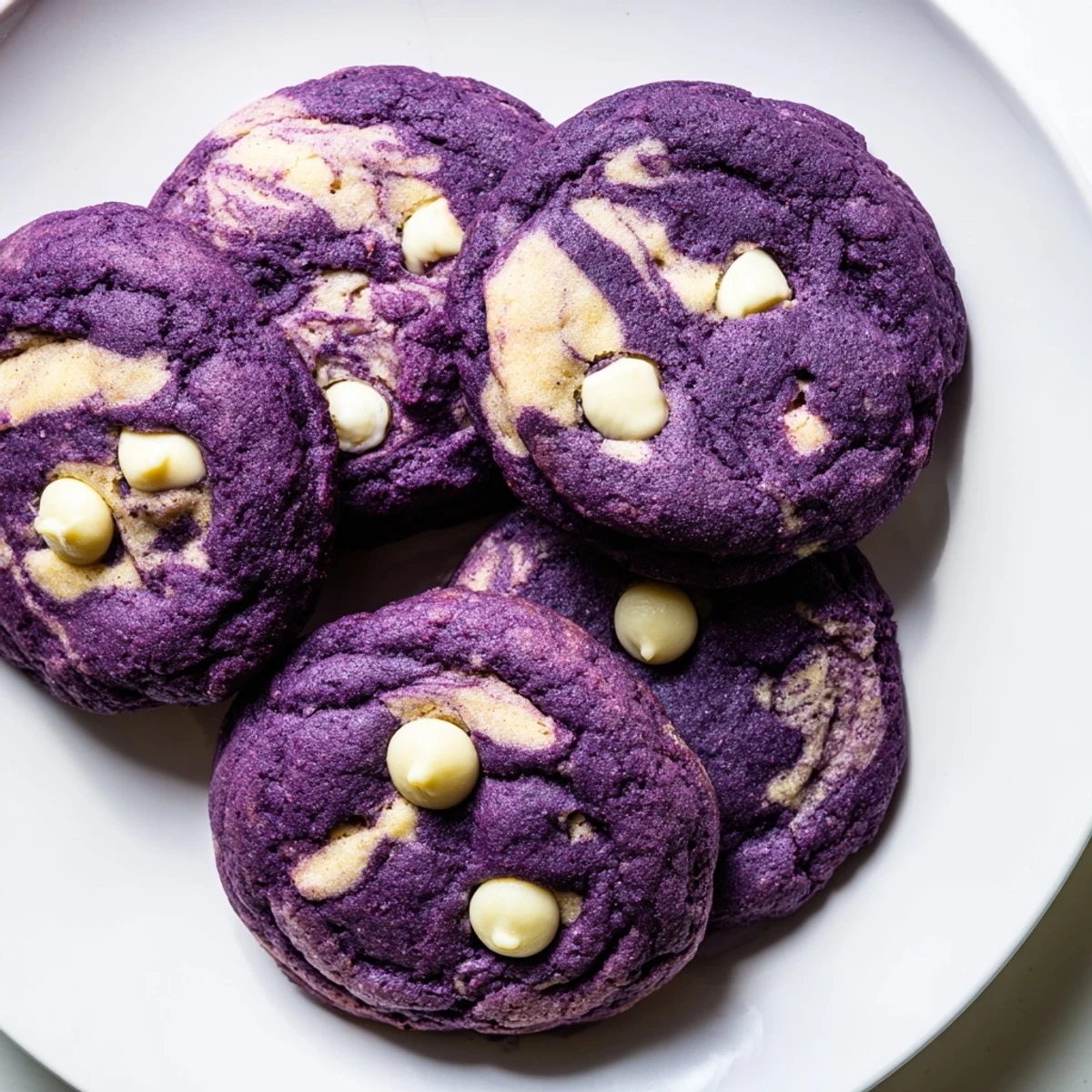 Soft, warm White Chocolate Ube Cookies arranged on a baking sheet, perfect for a Filipino-inspired fusion dessert treat.