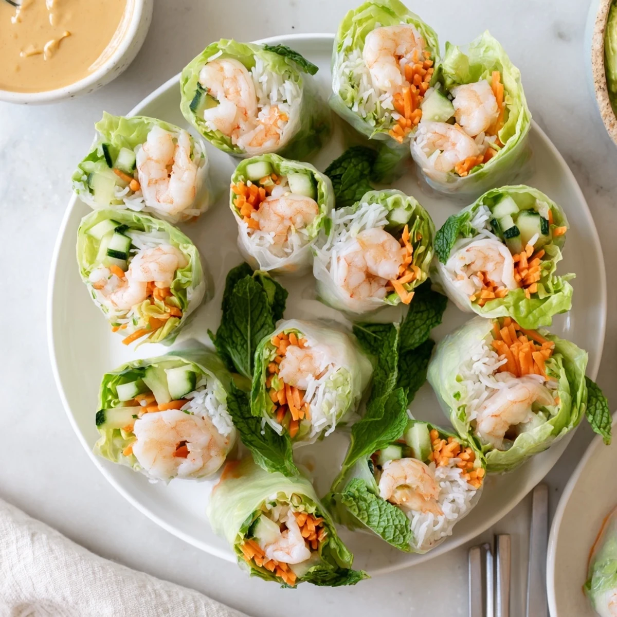 Close-up of Vietnamese Spring Rolls made with rice paper, filled with vermicelli, herbs, and cucumber, beside a small bowl of peanut sauce.