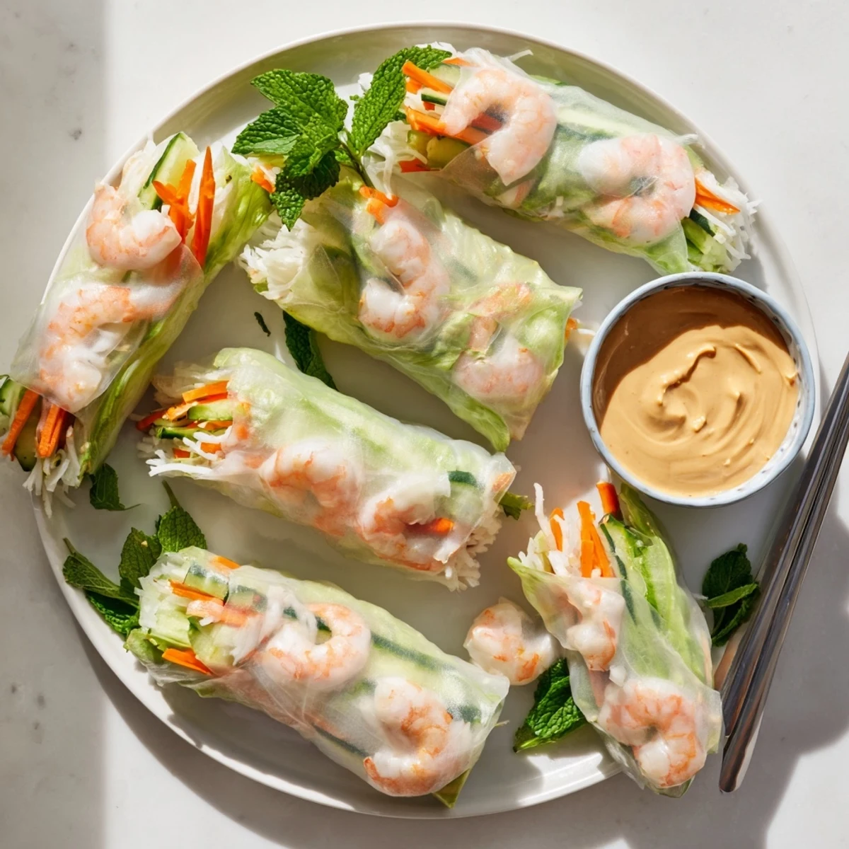 Fresh Vietnamese Spring Rolls with crisp vegetables and shrimp, displayed with creamy peanut dipping sauce on a white plate.