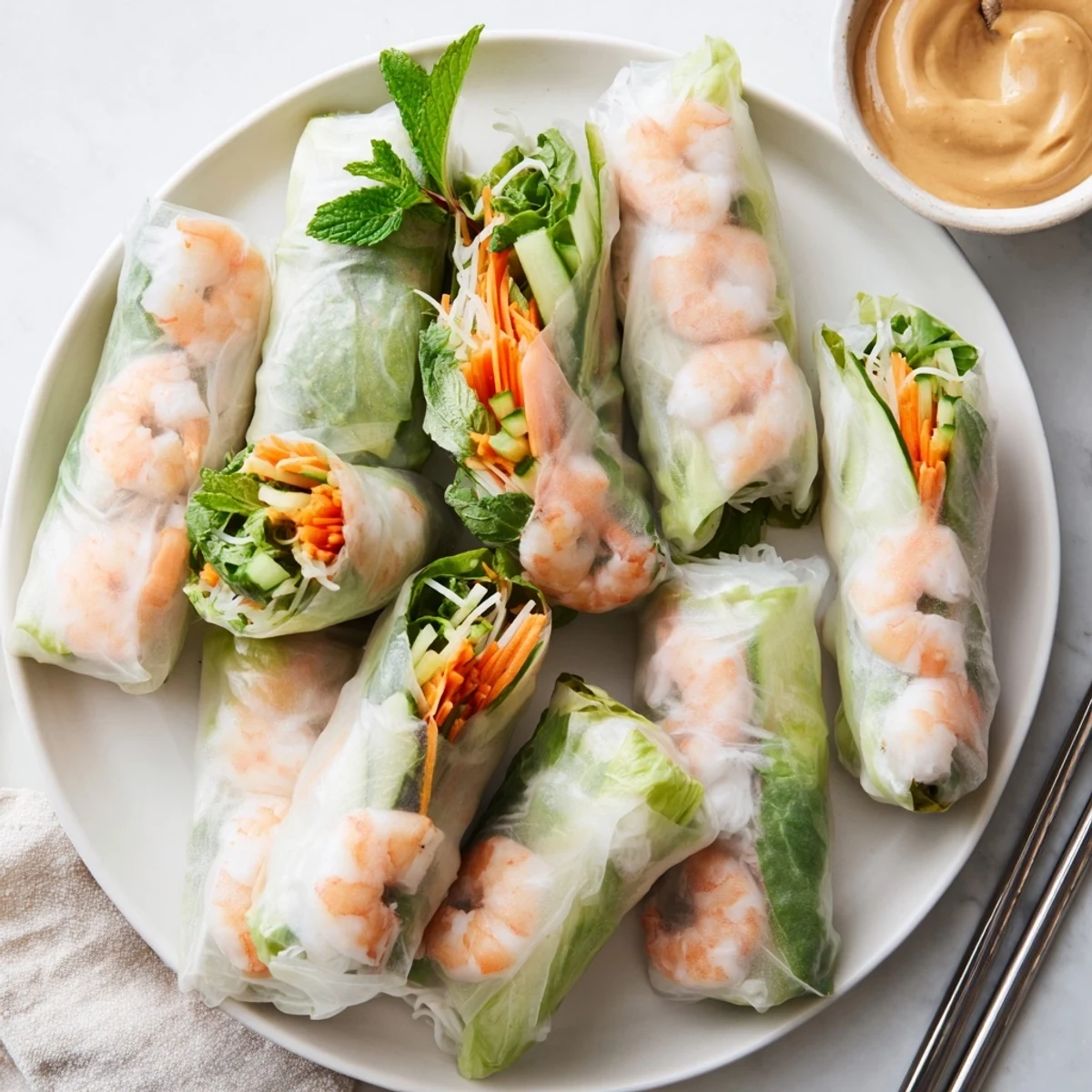 A vibrant platter of Vietnamese Spring Rolls, served with fresh mint and a savory peanut sauce for dipping.