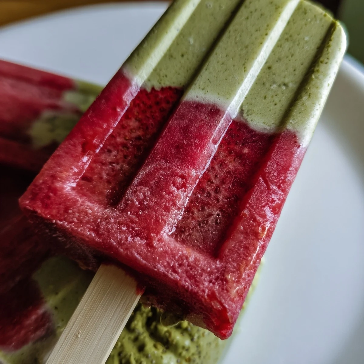 Frozen Strawberry Matcha Latte Popsicles show creamy green matcha layered with sweet red strawberry puree in a mold.