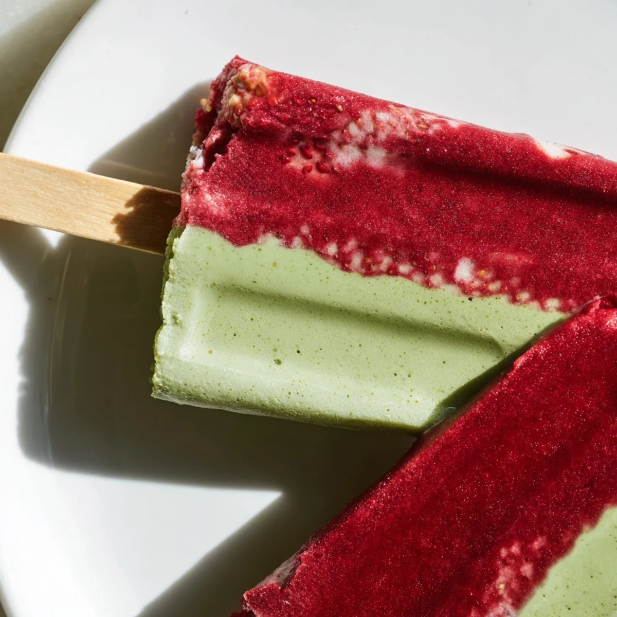 Ready-to-eat Strawberry Matcha Latte Popsicles rest on ice, featuring a vibrant two-tone swirl and a fresh mint garnish.