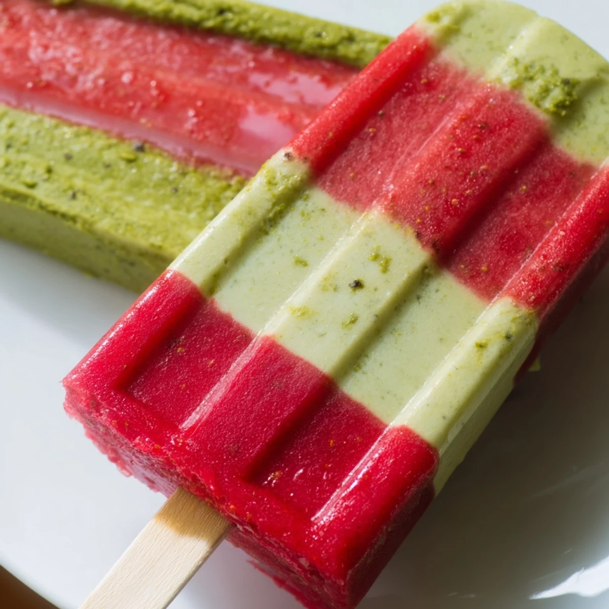 Homemade Strawberry Matcha Latte Popsicles display a popsicle stick in creamy matcha and strawberry layers, perfect for summer snacking.