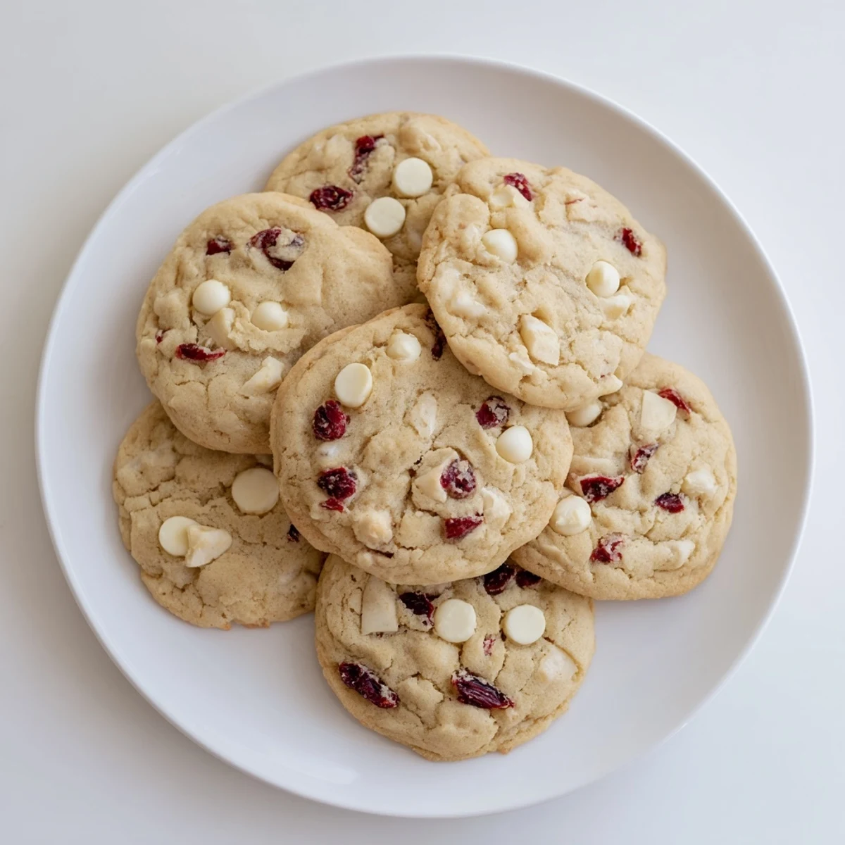 Freshly baked White Chocolate Cranberry Cookies on a cooling rack, showing soft centers and golden edges with creamy white chips and tart red berries.