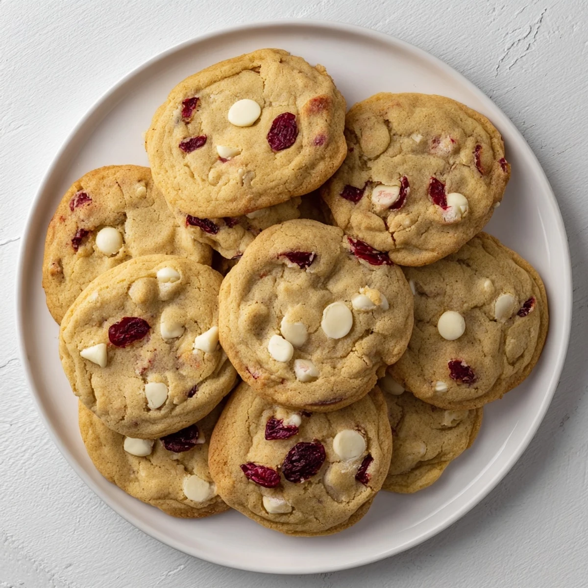 Close-up of warm White Chocolate Cranberry Cookies, with gooey white chocolate melting against chewy cranberries on a festive holiday platter.