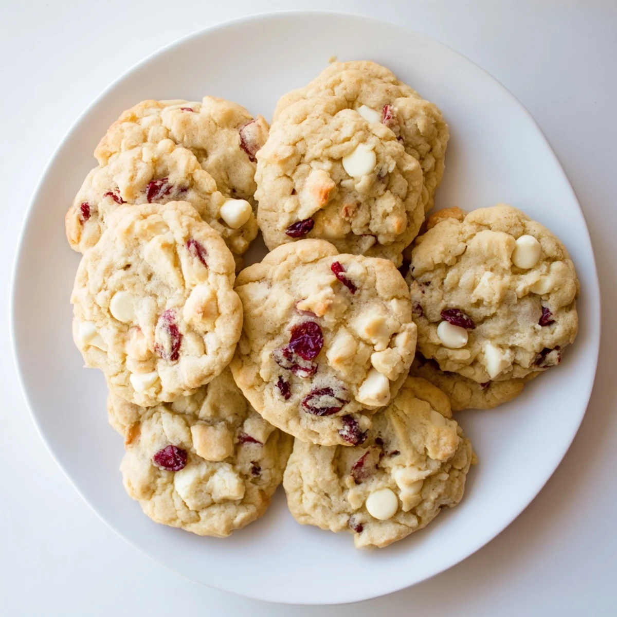 A batch of homemade White Chocolate Cranberry Cookies arranged on a wooden board, perfect for gifting or serving with a glass of cold milk.