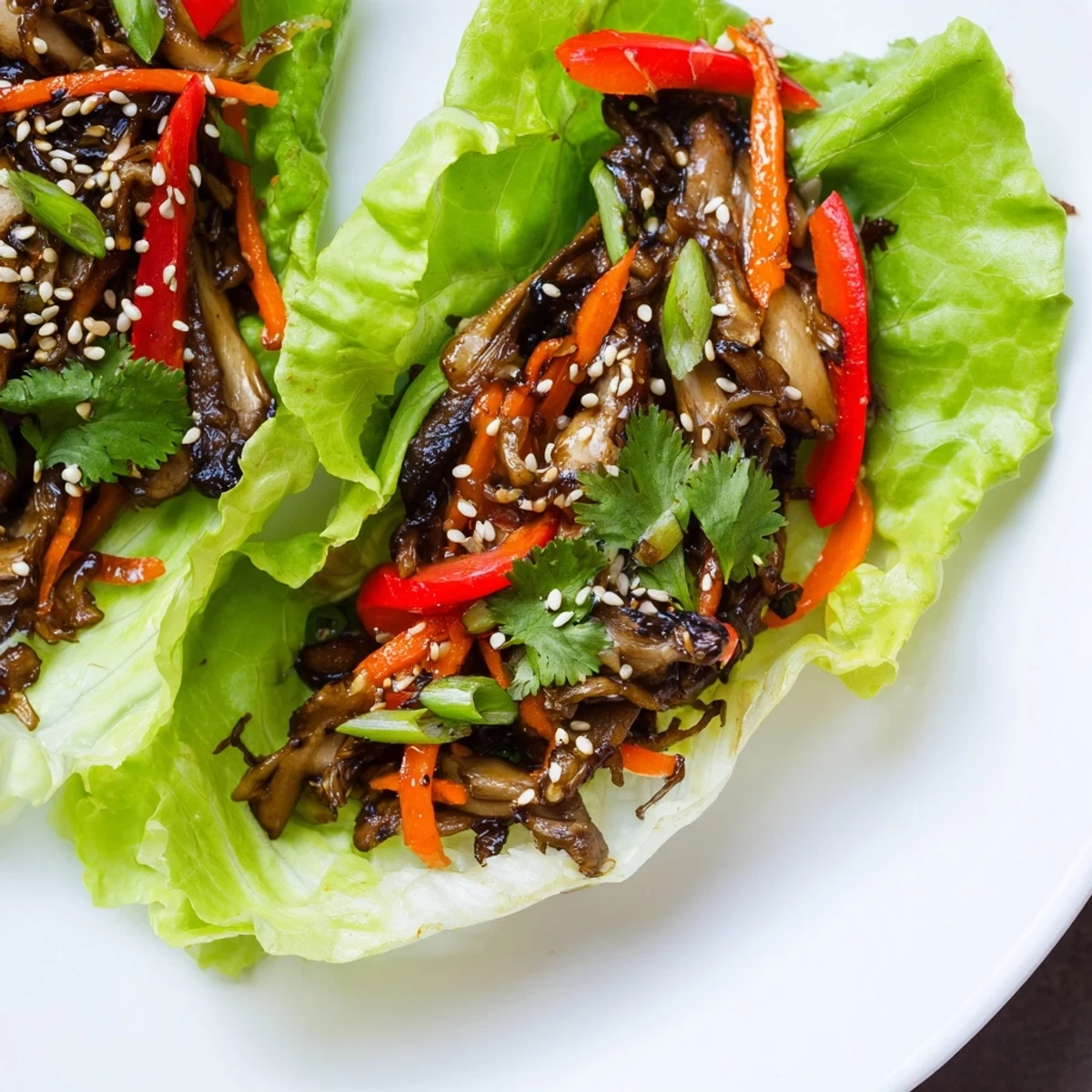 Delicate butter lettuce leaves cradling savory sautéed shiitake mushroom lettuce wraps with crunchy vegetables.