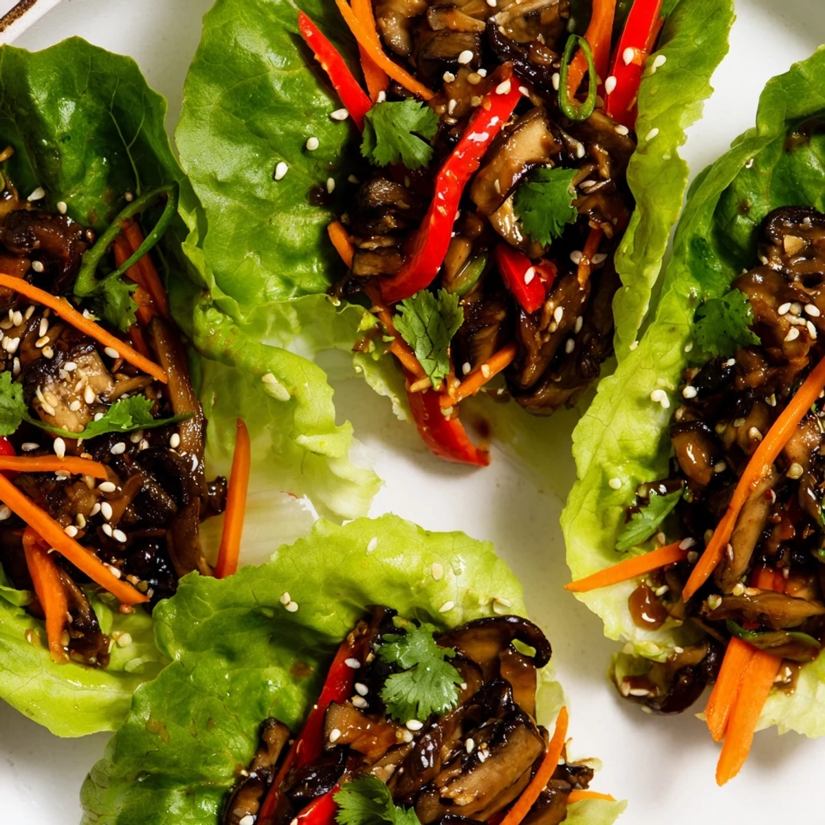 A close-up shows glossy Asian-inspired shiitake mushroom lettuce wraps garnished with sesame seeds and cilantro.