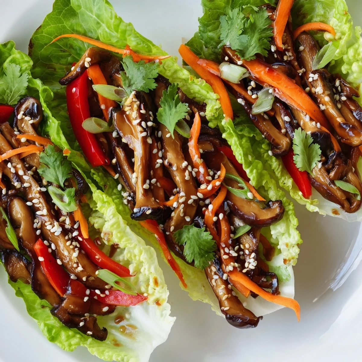 Fork-ready shiitake mushroom lettuce wraps resting on a plate with chopsticks for an easy appetizer.