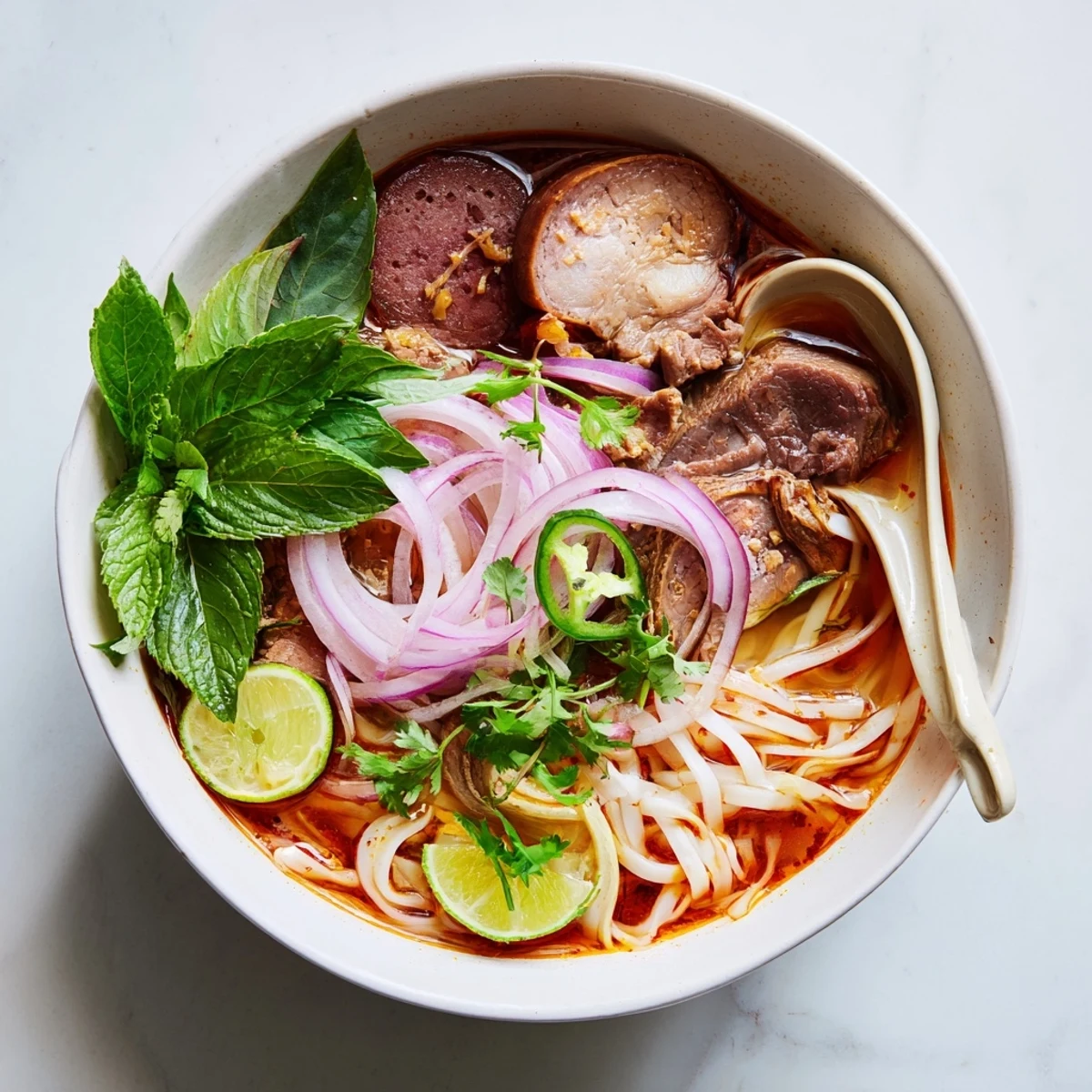 Steaming bowl of Bun Bo Hue with lemongrass broth, thick noodles, tender beef, and fresh herbs.