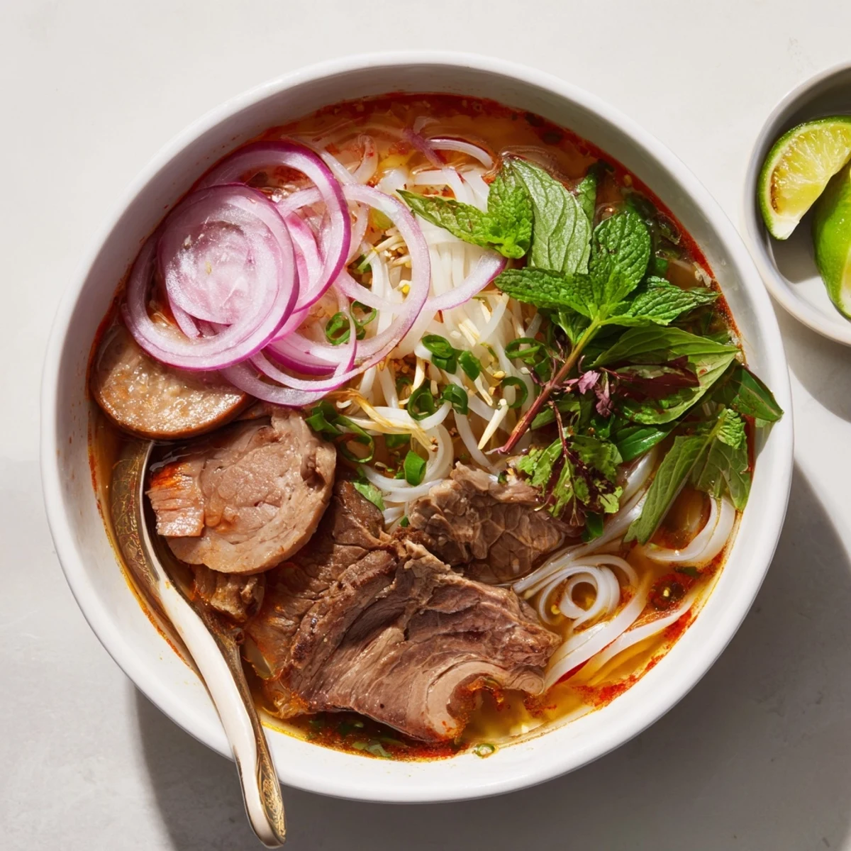Spicy Bun Bo Hue served with sliced beef, pork, and vibrant garnishes like lime and chilis.