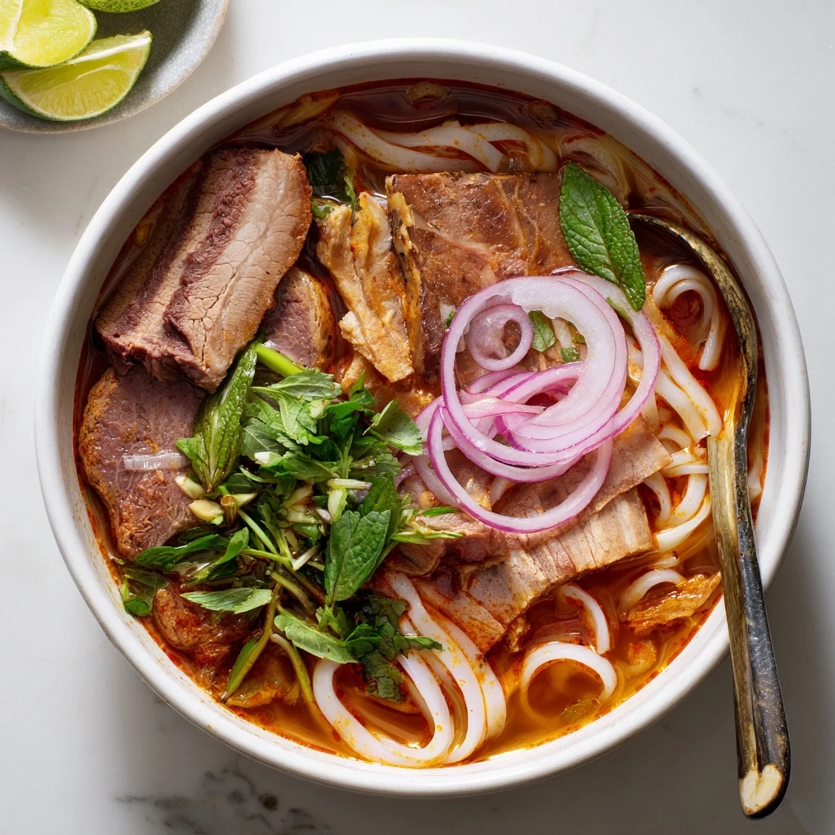 Fragrant Bun Bo Hue noodle soup in a rustic bowl, topped with herbs and aromatic chili oil.