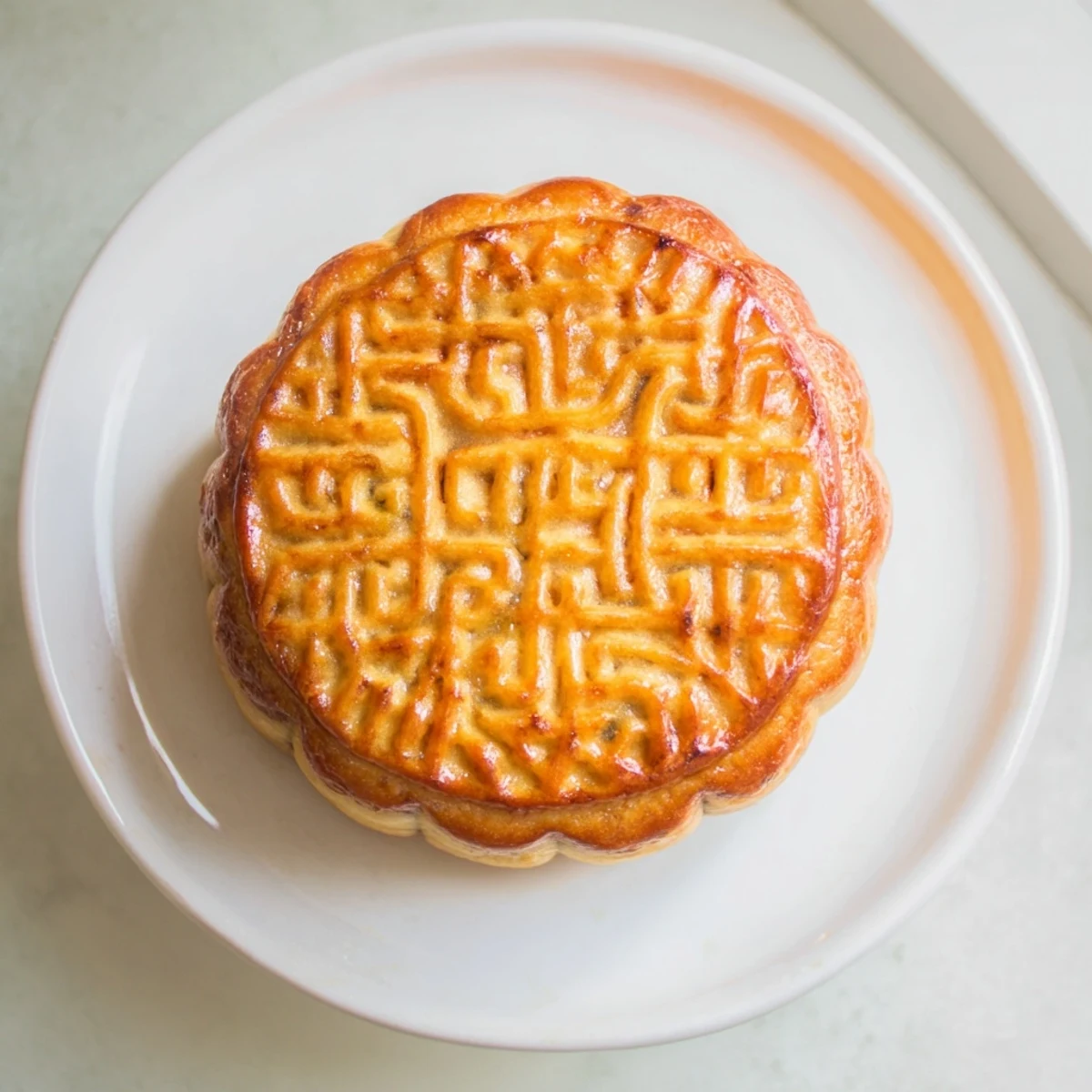 Freshly baked Mooncakes with golden-brown imprinted tops rest on parchment, showcasing their tender pastry and sweet lotus seed paste filling.