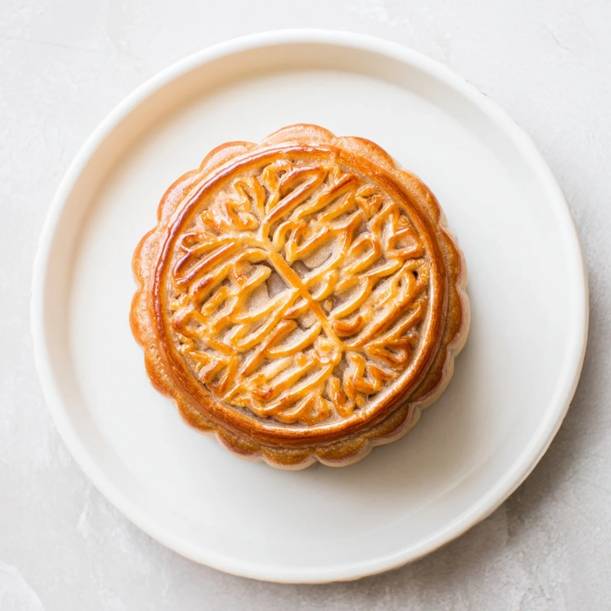 Golden-glazed Mooncakes display intricate floral patterns on their crusts, paired with a small cup of hot Chinese tea on a wooden table.