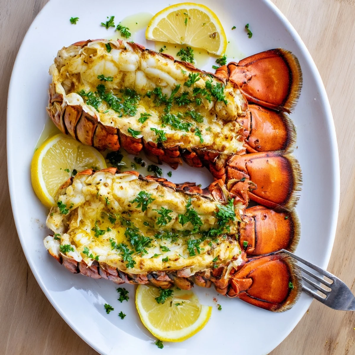 Golden-brown Air Fryer Lobster Tails with garlic butter sauce drizzled over the succulent seafood, served with lemon wedges on a plate.