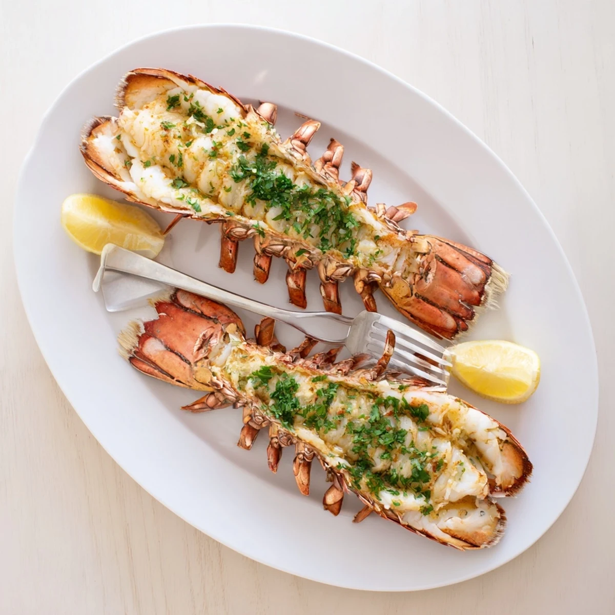 Close-up of juicy Air Fryer Lobster Tails, showcasing the tender meat, golden edges, and aromatic garlic butter drizzle.