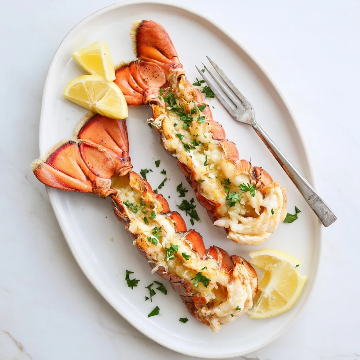 Air Fryer Lobster Tails are perfectly cooked and presented on a platter with fresh parsley garnish and melted butter sauce.