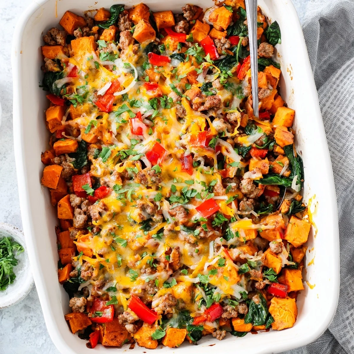 Golden-brown Ground Turkey Sweet Potato Bake with melted dairy-free cheese topping and fresh parsley garnish, served hot in a baking dish.