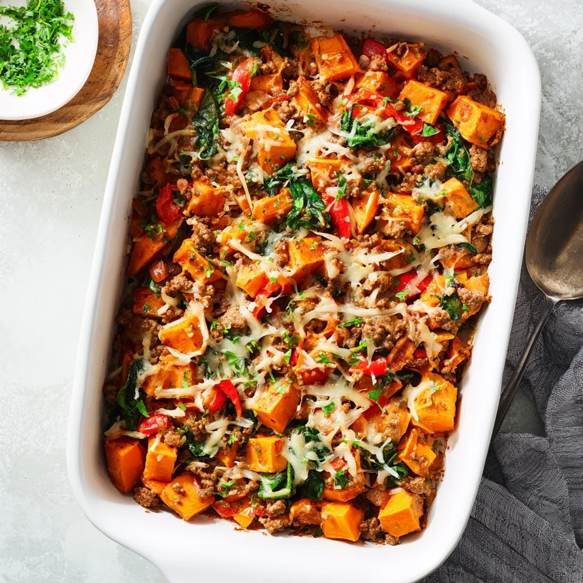 Ground Turkey Sweet Potato Bake fresh from the oven, with tender sweet potatoes and savory turkey in a hearty casserole.