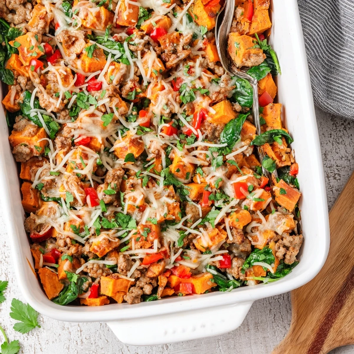 A close-up of Ground Turkey Sweet Potato Bake showing colorful veggies, herbs, and a perfectly golden, bubbly top.