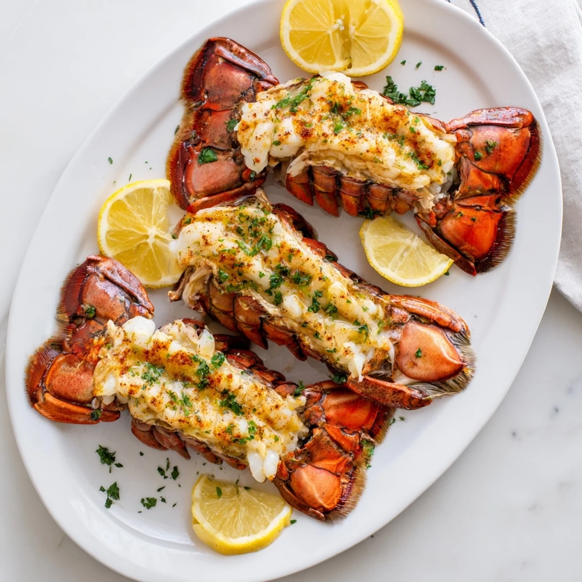 Broiled Garlic Butter Lobster Tails with garlic butter sizzling on the warm meat, served with a lemon wedge.