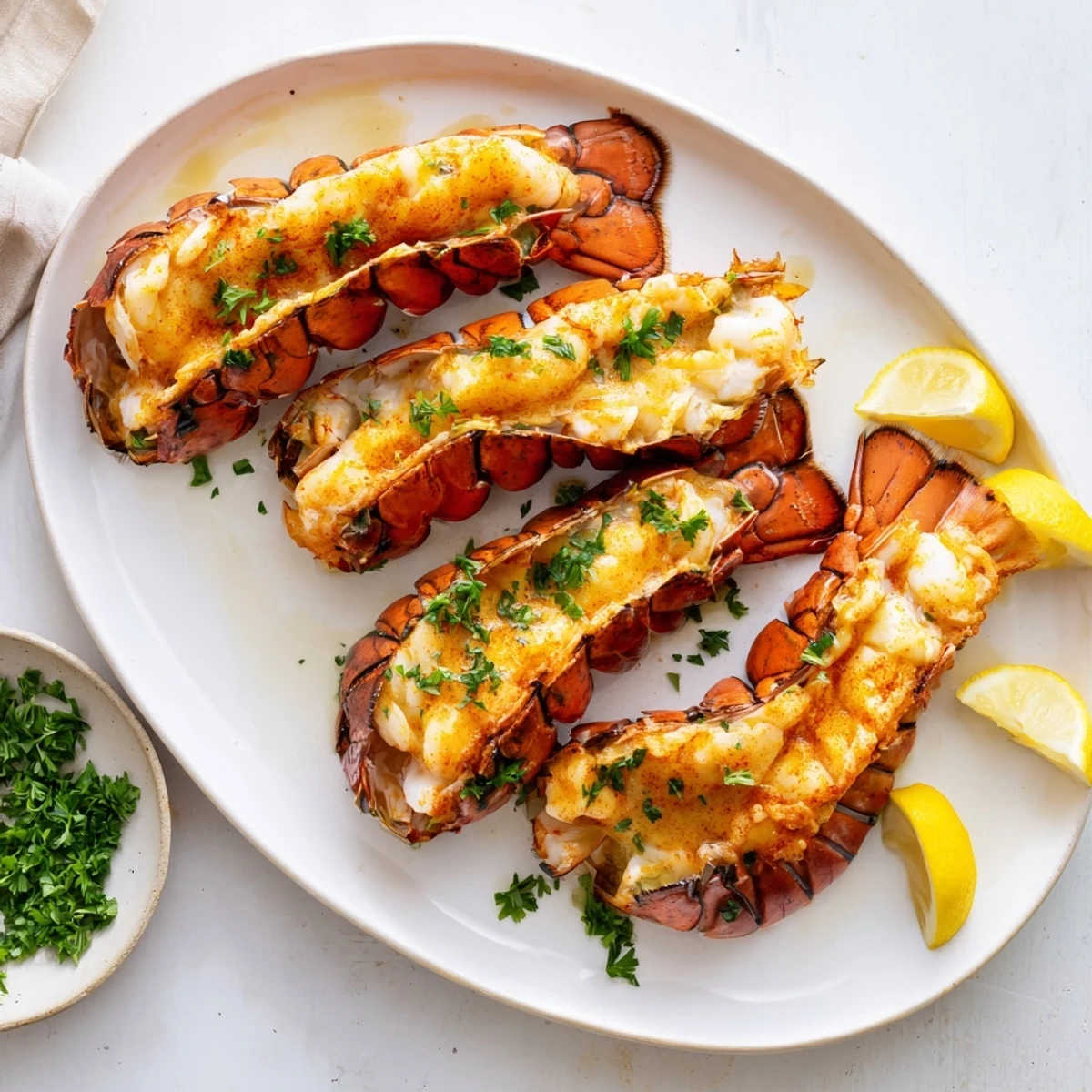 The succulent meat of Garlic Butter Lobster Tails is brushed with rich butter and garnished with fresh parsley.
