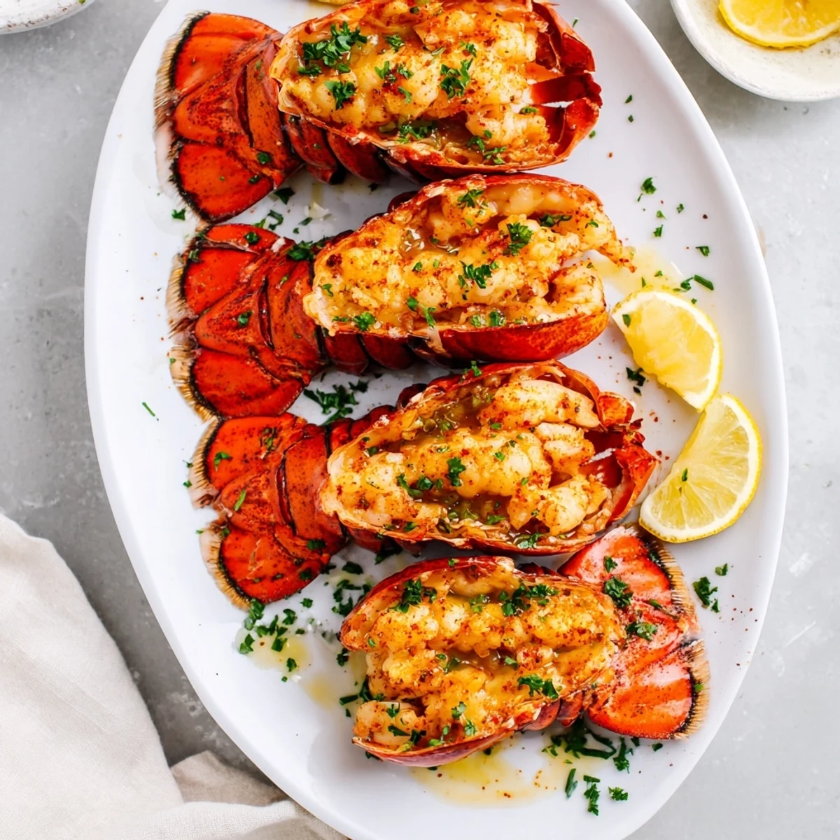Juicy Garlic Butter Lobster Tails served hot from the broiler, ready to be enjoyed with steamed vegetables.