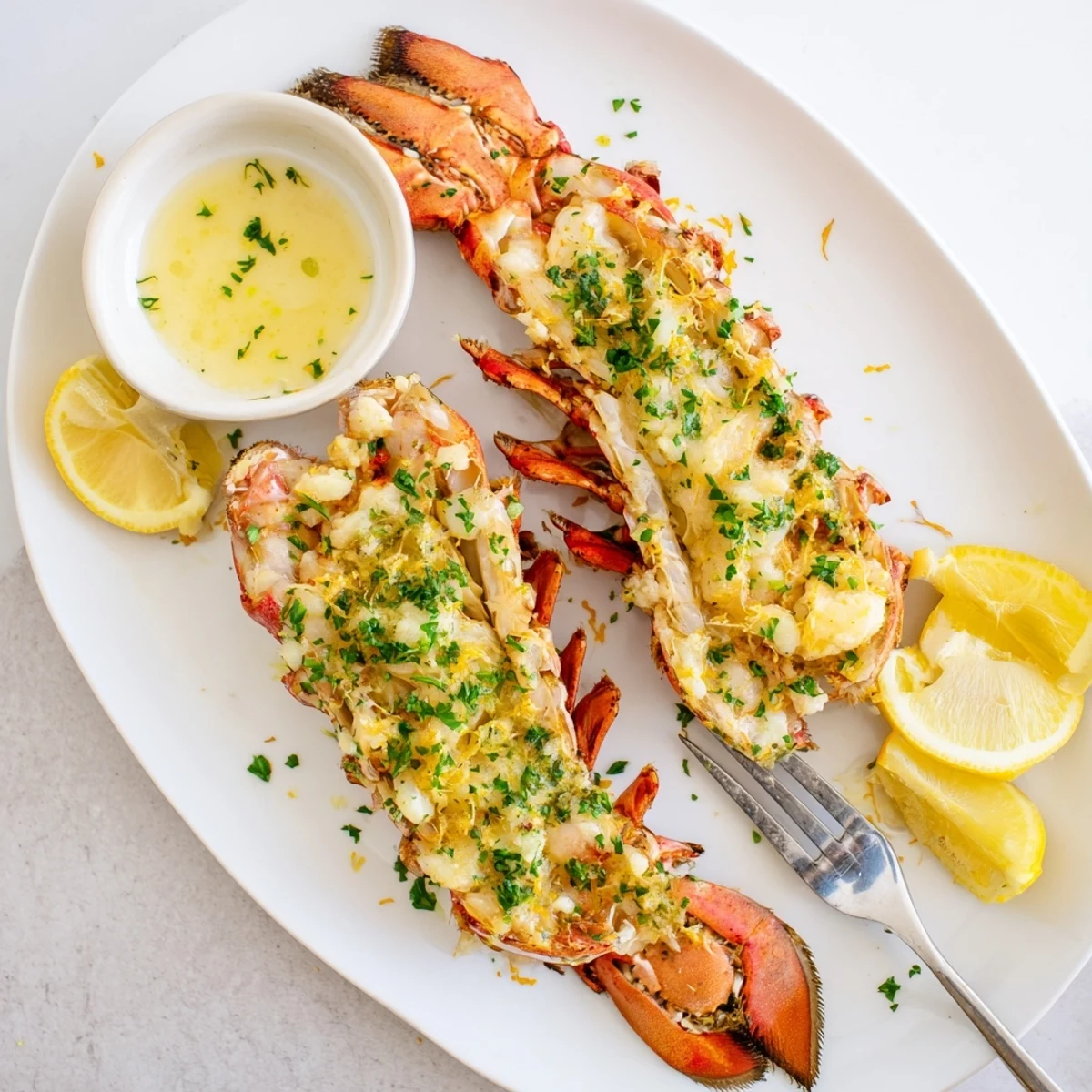 Two baked Easy Baked Lobster Tails brushed with garlic butter and garnished with fresh lemon wedges on a plate.