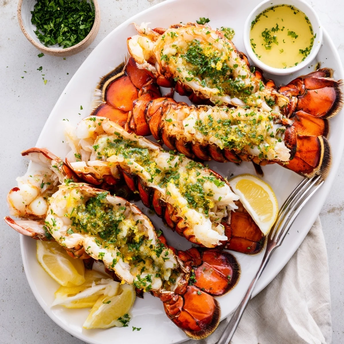 Close up view of an Easy Baked Lobster Tail recipe, tender and flaky, served with parsley and a lemon wedge.