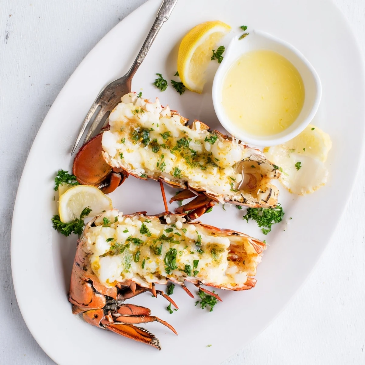 The Easy Baked Lobster Tails show golden brown meat resting on shells with a drizzle of rich butter sauce.