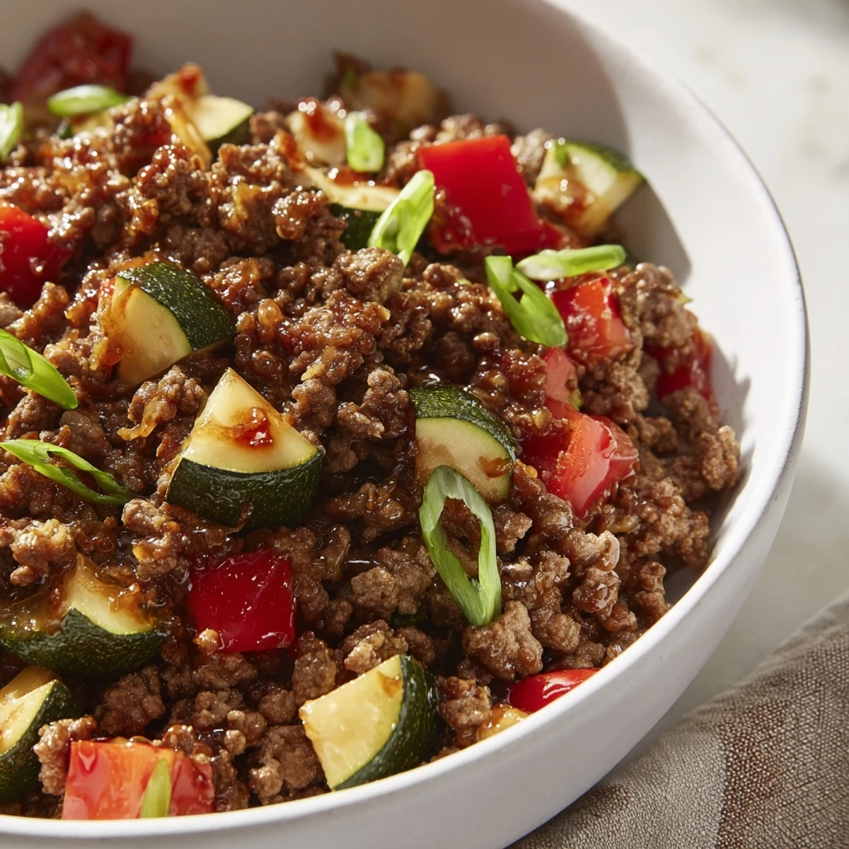 A vibrant photo shows the Viral Hot Honey Ground Beef Bowl garnished with green onions and sliced avocado.