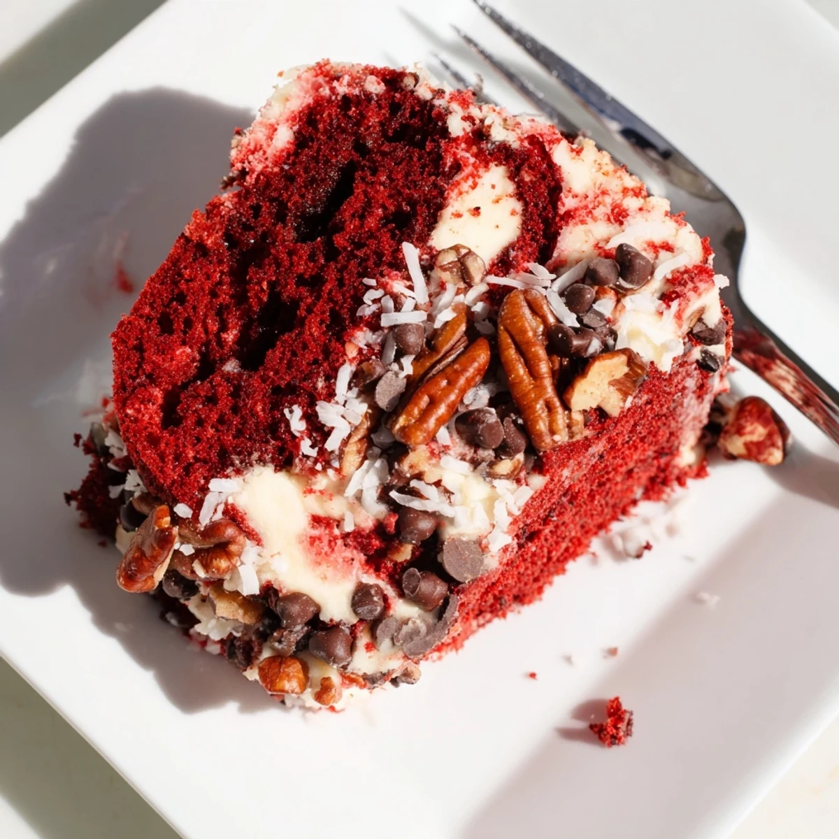 A slice of homemade Red Velvet Earthquake Cake shows cream cheese swirls and melted chocolate chips.