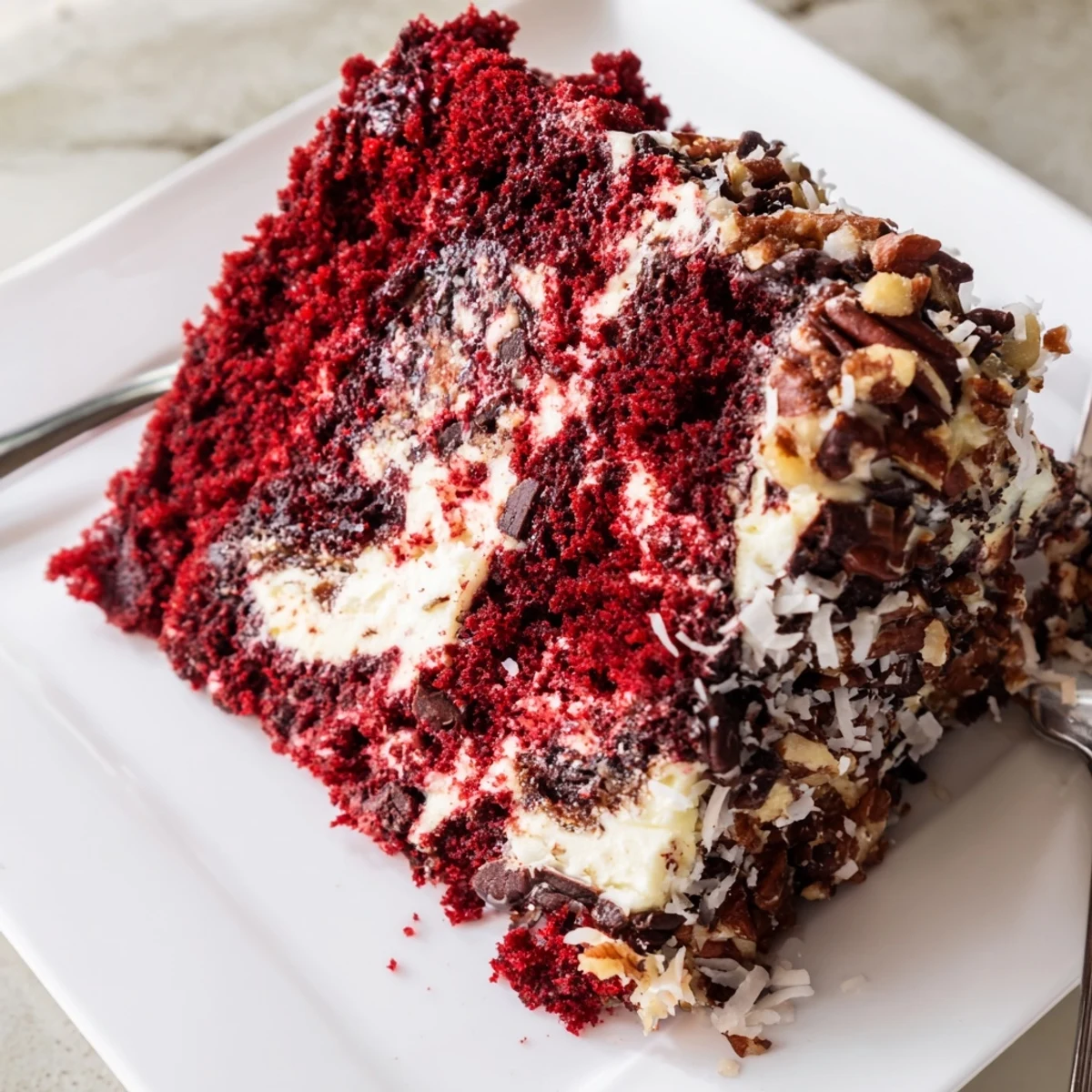 Warm Red Velvet Earthquake Cake served with a glass of cold milk for dessert.