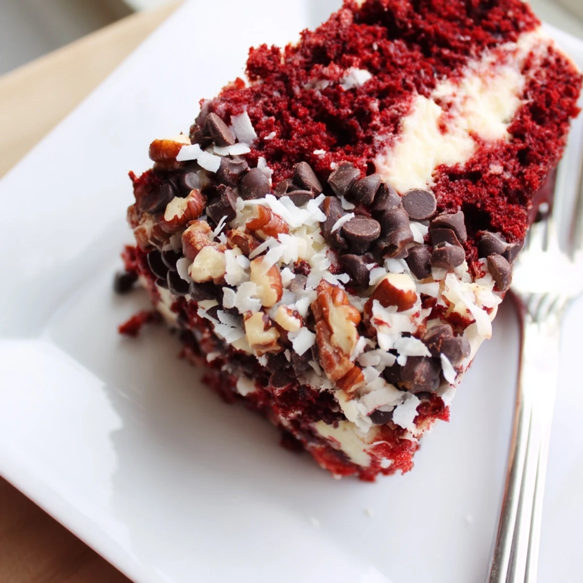 Fresh Red Velvet Earthquake Cake with pecans and coconut on a rustic kitchen counter.