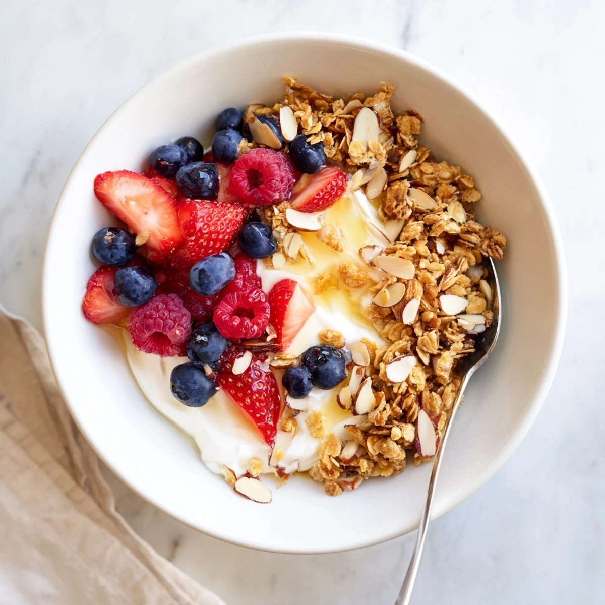 A close-up of Easy Yogurt Granola Bowls 4 Ways showcases four colorful bowls with fresh berries, mango, apple, and banana toppings.