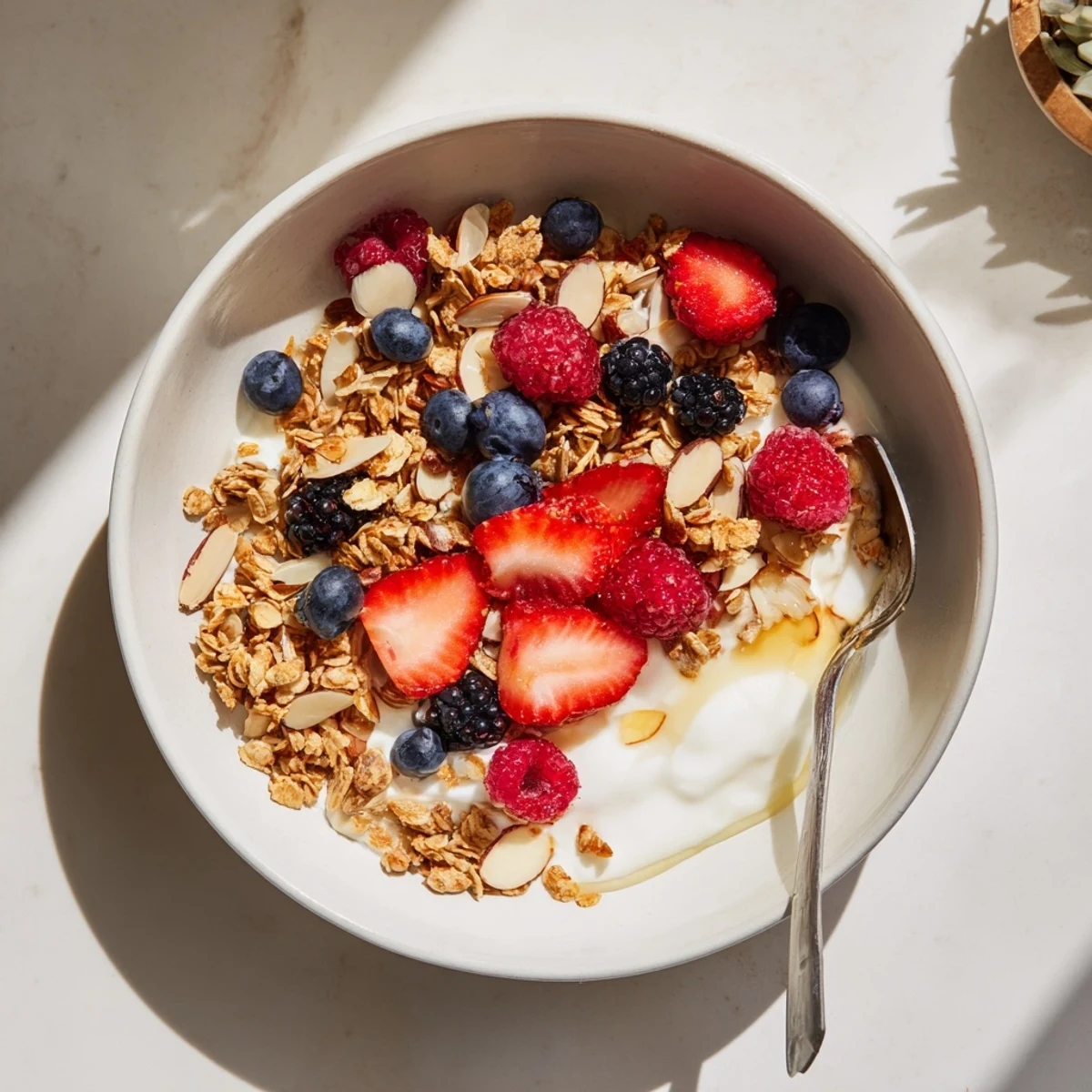 This Easy Yogurt Granola Bowls 4 Ways recipe photo features creamy Greek yogurt, crunchy granola, honey drizzle, and vibrant fresh fruit.