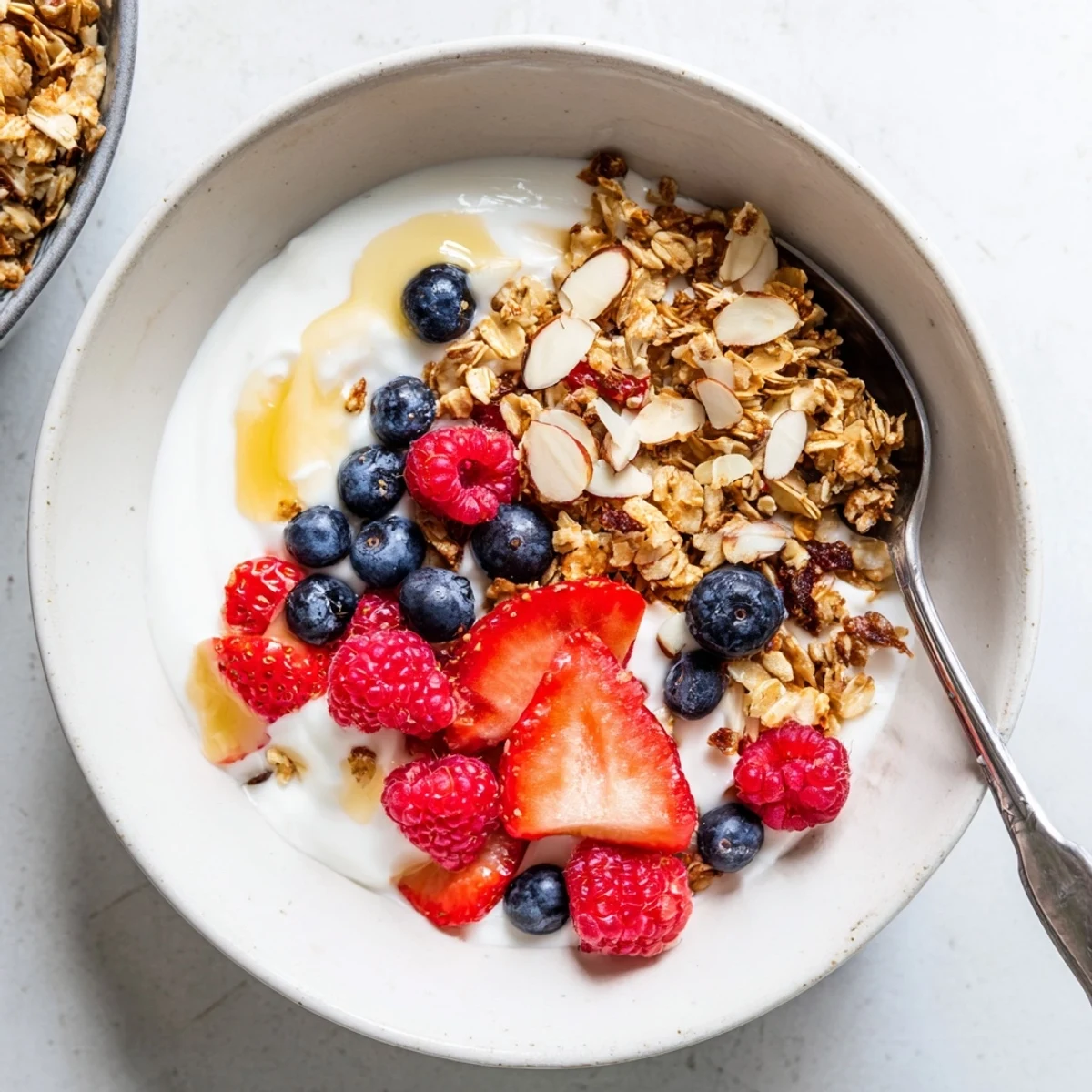 Visual guide for Easy Yogurt Granola Bowls 4 Ways displays four delicious breakfast bowls with nuts, coconut flakes, and chocolate chips.