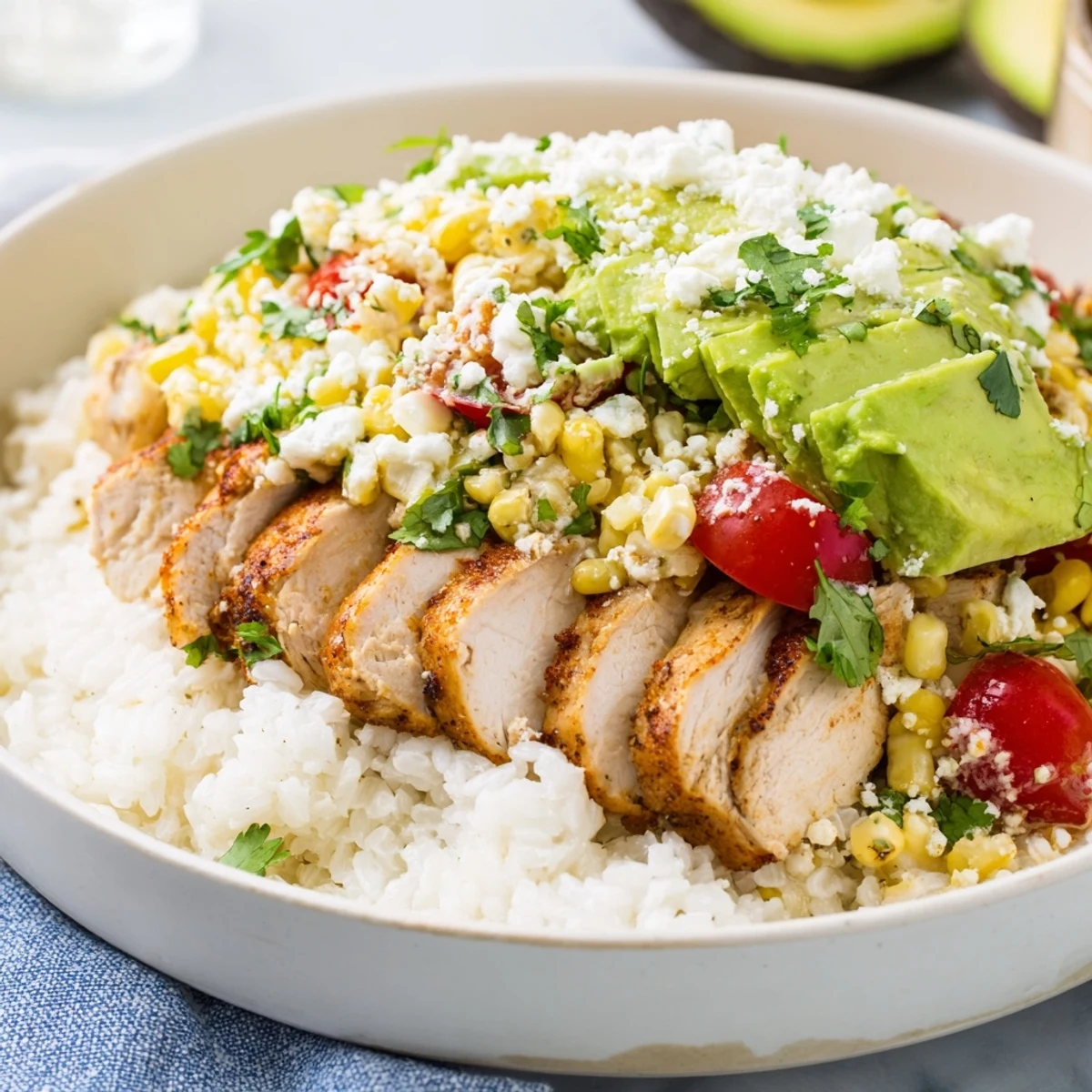 Savory Street Corn Chicken Rice Bowl with grilled chicken, avocado slices, and creamy street corn topping.  